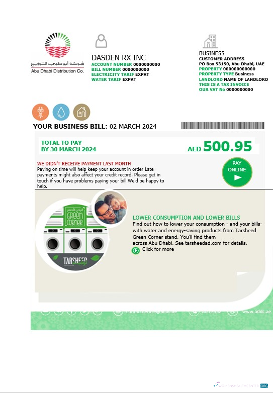 UAE Abu Dhabi Distribution Co. business utility bill template in Word and PDF formats